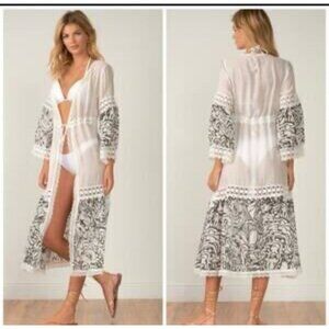 Elan Crochet Lace Trim Kimono Cover Up  White Colorblock Boho Beach Swim Sz  M